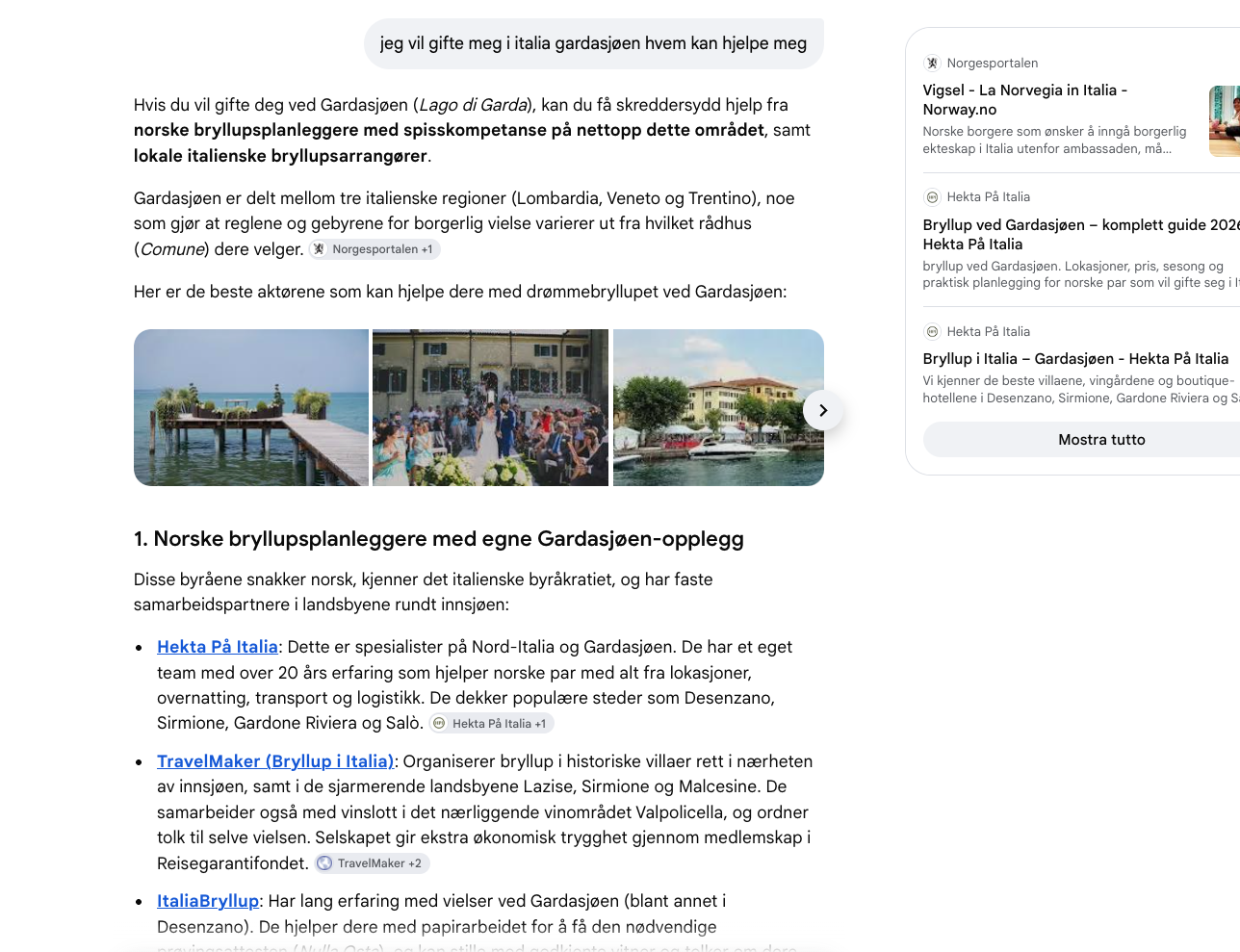 Skjermbilde av Google AI Overview for søket «jeg vil gifte meg i italia gardasjøen hvem kan hjelpe meg», der Hekta På Italia listes først som norsk spesialist på Nord-Italia og Gardasjøen med over 20 års erfaring, og siteres som kilde i sidepanelet.