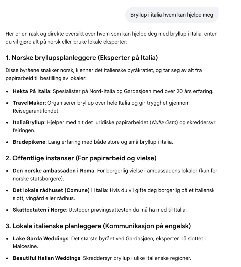 Skjermbilde av Google AI Overview for søket «Bryllup i italia hvem kan hjelpe meg», der Hekta På Italia står øverst i listen over norske bryllupsplanleggere som spesialister på Nord-Italia og Gardasjøen med over 20 års erfaring.