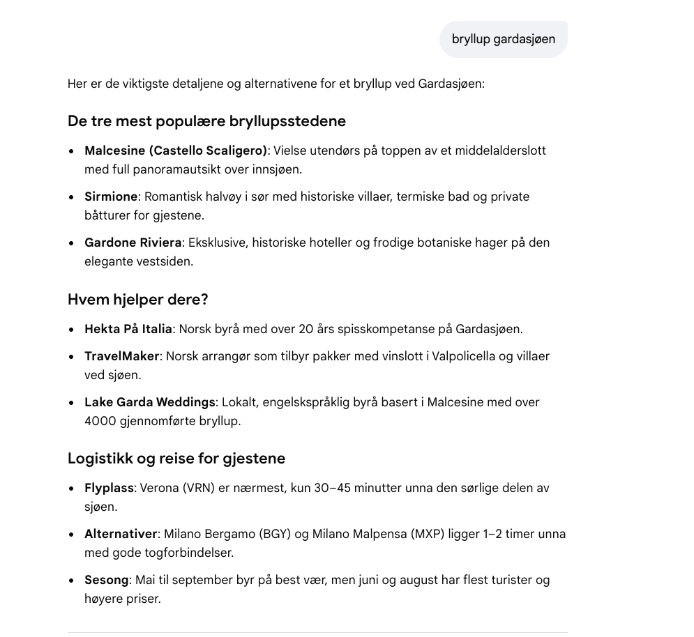 Skjermbilde av Google AI Overview for søket «bryllup gardasjøen», der Hekta På Italia nevnes under «Hvem hjelper dere?» som norsk byrå med over 20 års spisskompetanse på Gardasjøen.
